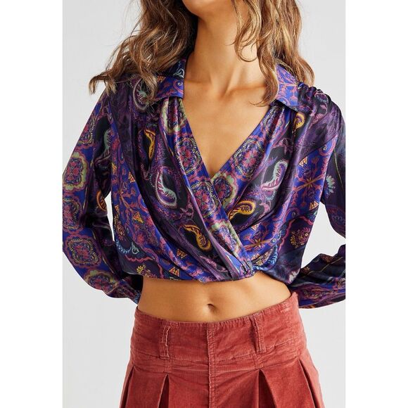 NEW Free‎ People Lana Printed Satin V Neck Surplice Wrap Crop Top Size XS - Picture 1 of 12